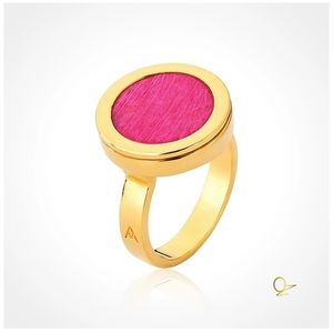 Golden ring with pink cabochao pink feldspar natural stone, made in Brazil.